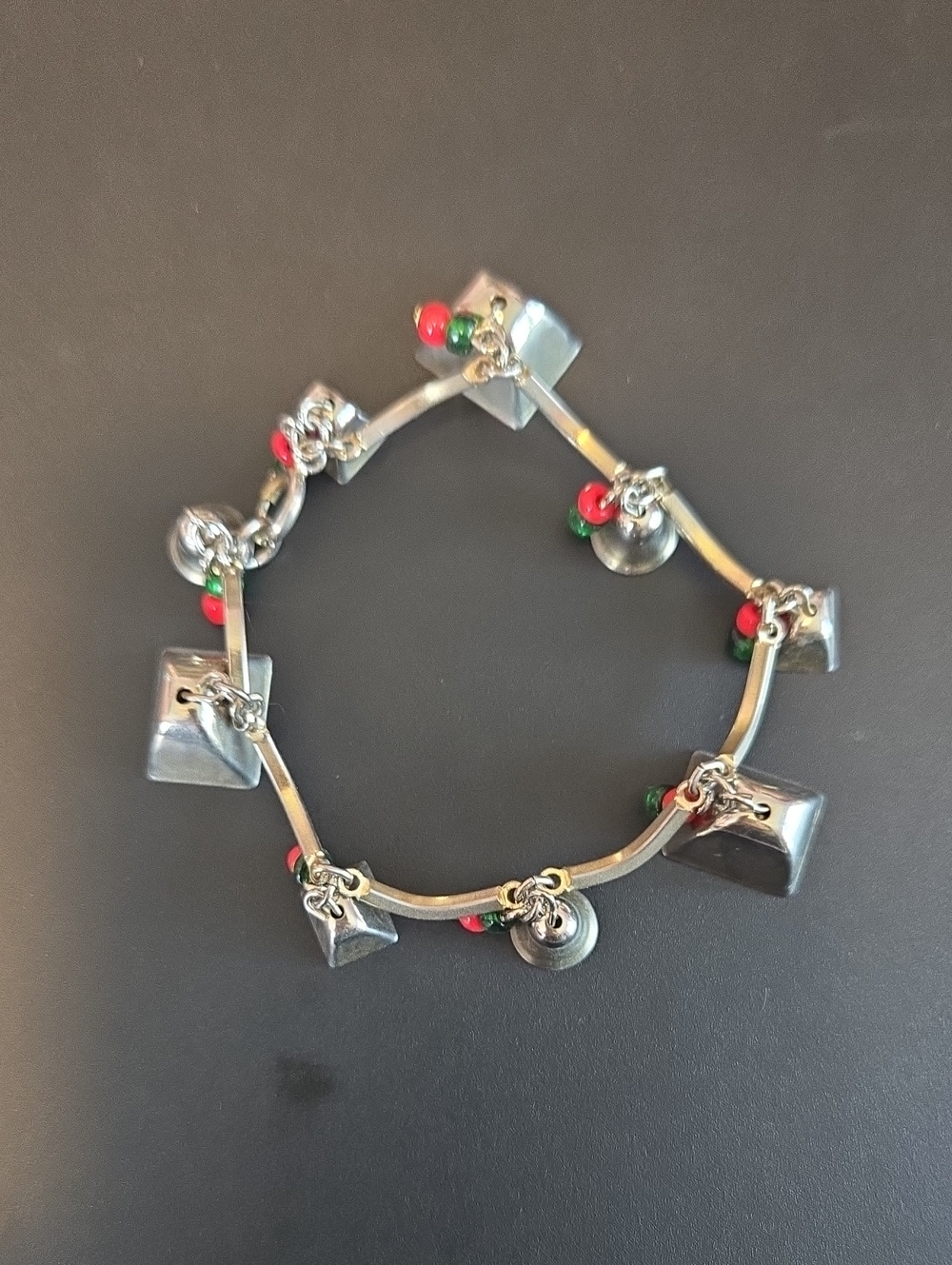 Silver Tone Bell Bracelet with Red and Green Accents